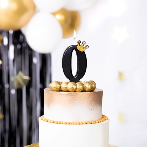 Świeczka urodzinowa tort czarna korona cyfra 0